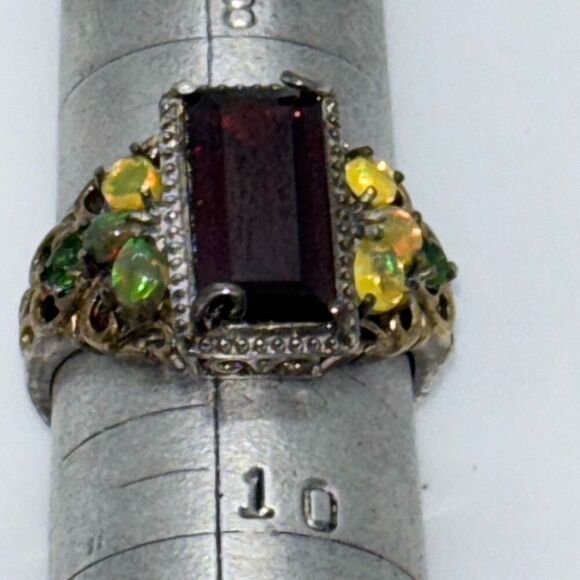 Art Deco vintage 925 silver ring 5.59g tsavorite garnet & opal Sz 9 signet - Picture 10 of 13